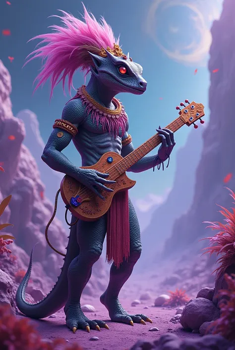 (xenomorfo. reptile)(  on a purple planet) (dressed as Maya ) ( with Multicolored Plume (Playing Stranger .  Musical Instrument 