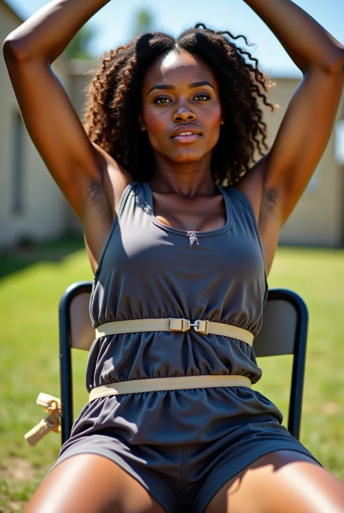 closeup view of an outdoor skinny but athletic black female prisoner wearing dark grey sleeveless prisoner dress. she is tied do...