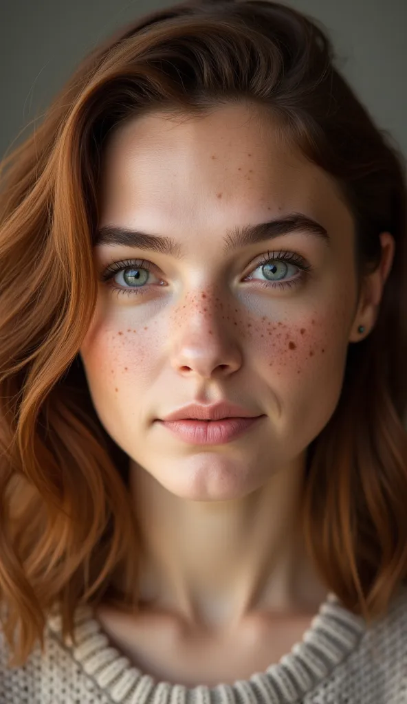 “a close-up of a young woman with freckles and slightly wavy auburn hair, soft natural lighting, wearing a knitted sweater, deta...