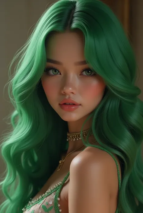 ((Foto RAW), Absurd, ( absurd resolution )),  masterpiece ,  best quality , ( Extremely detailed 8k unit CG wallpaper), ( better illustration), (best shade),  Realistic Lighting ,  detailed glow and beautiful , ((35 years old)), girl, long wavy green hair ...