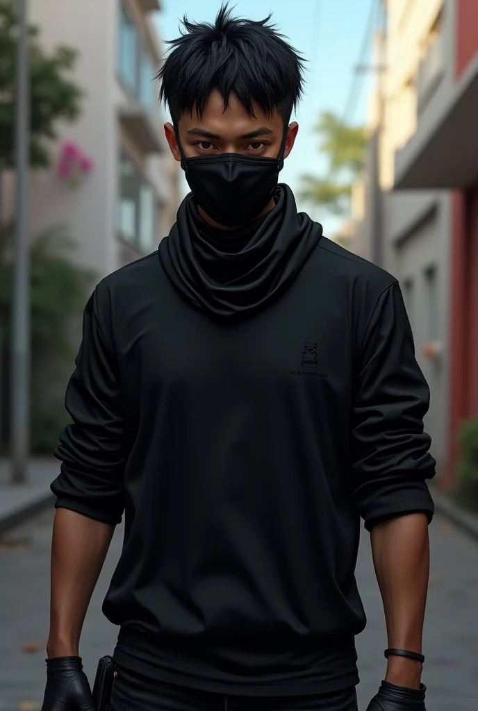 A Freefire game character wearing a black mask with a black full sleeve shirt, short black hair, dark skin, Brazilian-style. 