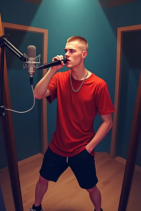  creates an image of a young white man with short, almost shaved hair and a small fringe on his forehead, wearing a red t-shirt and black shorts ,  and holding a microphone as if he were rapping . Let the drawing be in 2d. drawn from the front from a highe...