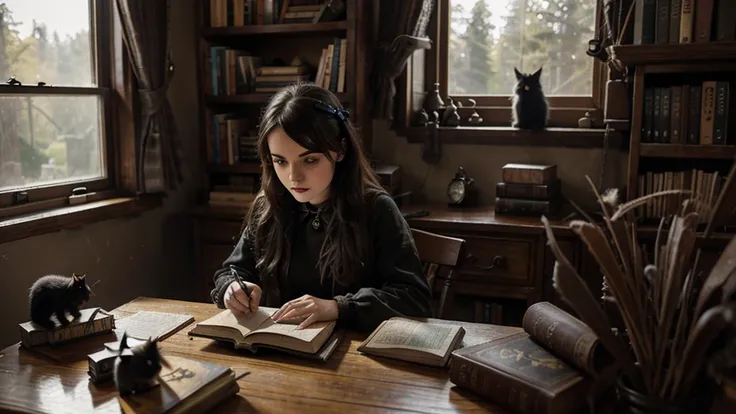 chilean emma watson goth girl studing on desk, lofi style, rustic room, wizard style, books and black cat on desk, forest on window, birds bones decoration, goth vibes
