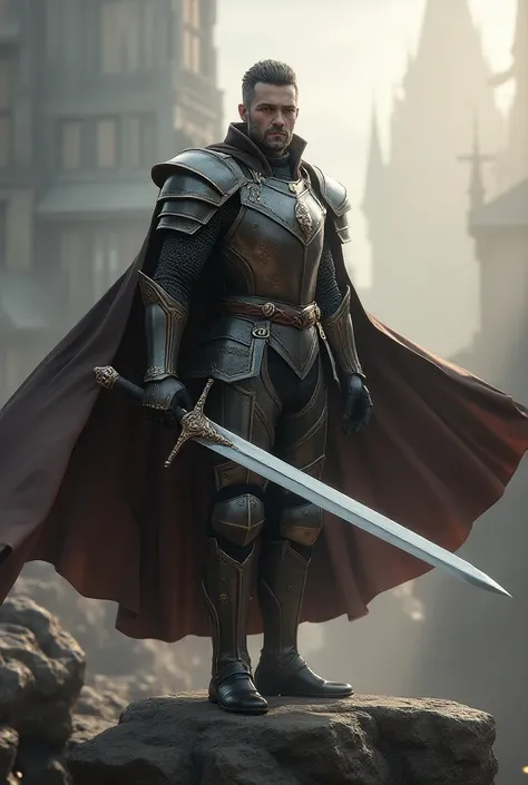 A video game character with a sword and a cape 
