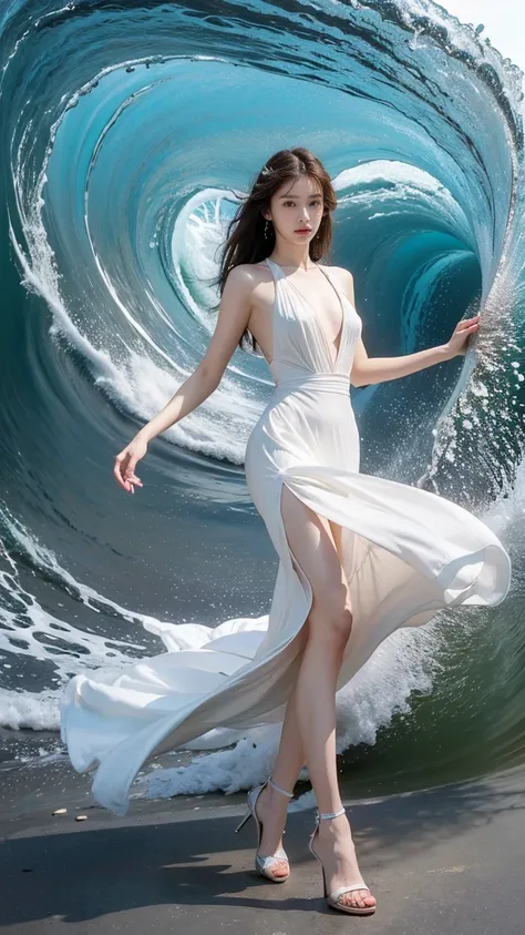 Best Quality,masterpiece, ultra high resolution,(:1.4),Original photo, ultra high resolution，8k，There are women too， white skin， ELEGANT MAKEUP ，Big Wave， Turquoise Dress ， High Heels ，Long legs，Bright and beautiful