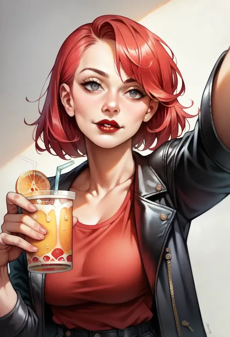 (high-level image quality), (high quality), (high resolution), (detailed), (masterpiece), beautiful young woman, ((caucasian)), red hair, medium bob, dark red lipstick, blank background, leather pants, leather jacket, red top, ((drink)), seductive, selfie,...