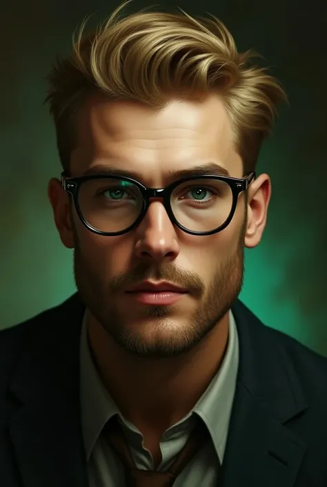 Masterpiece, best quality, portrait. 1930s. Intense young man with a pointed blond beard, moustache, confident look, white skin and green eyes. Old fashioned glasses. Temporal scientist, chronometer, green light effects. Time traveler.