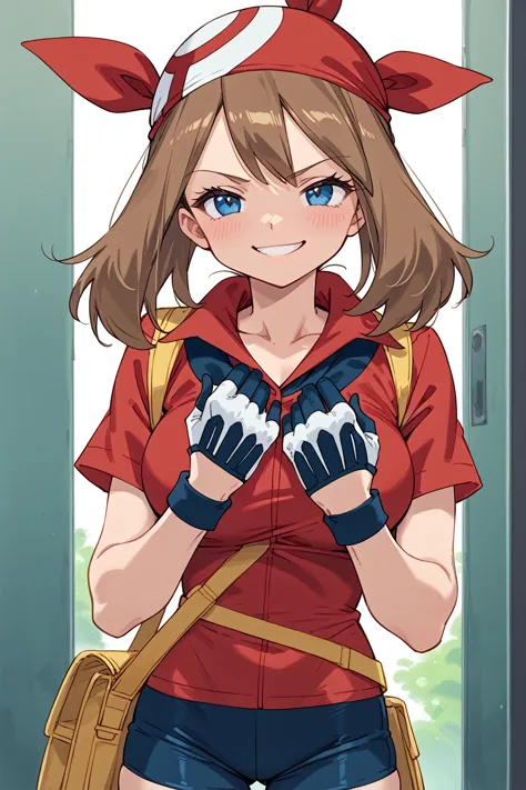 score_9, score_8_up, score_7_up, break, anime style, maypxl, blue eyes, brown hair, short hair, red bandana, red shirt, short sl...