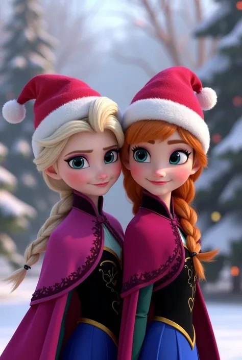 Elsa and Ana Frozen with traditional red Christmas hat
