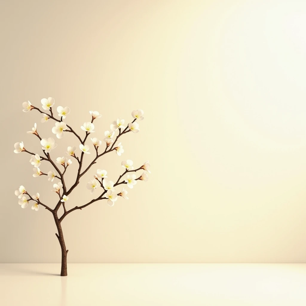  generate a minimalist image of a tree branch with white flowers that covers only a little of the lower edge and the right edge of the image leaving 40% of the empty image intense colors, 2d image, Abundant light beige negative space gradient ,  illuminate...