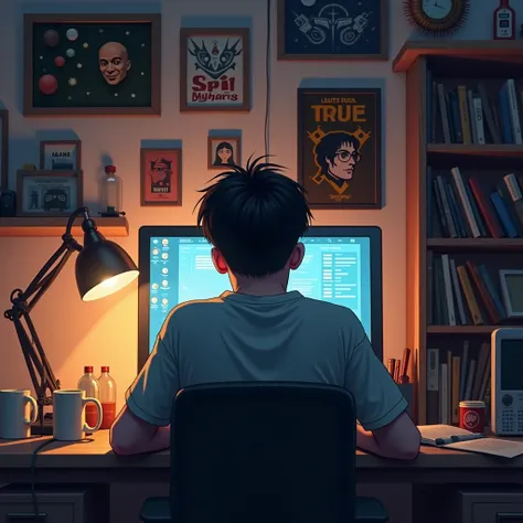 Create a young adult in a bedroom, hes studying in front of a computer, he only has his eye view from the back while the bedroom setting is full of geeky details