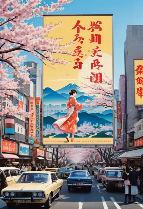 (Best Quality,4K,8k, high resolution on down,masterpiece:1.2),Super detailed,Large poster with , ((A large billboard with movie titles written on it "Sakura Maiden")), People gathered on a city street in the background 々Flock of, (Art Deco), 1970s,