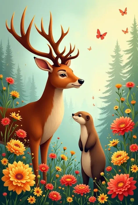 An otter and a red deer and next to it a Dahlia and Daffodils to paint 