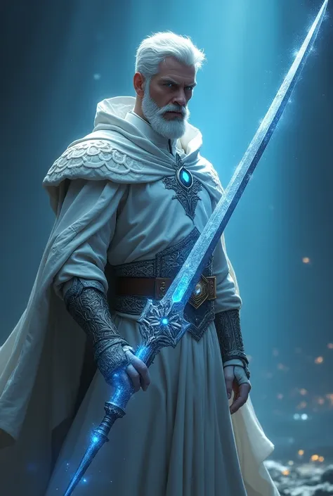 30-year-old wizard with white hair , short beard,  blue eyes, a white armor and a ,  hood holding a sword whose blade recalls the universe