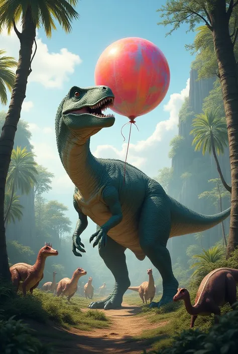 The dinosaur blew a balloon with so much energy that ,  when ,  the echo could be heard all over the planet and all the dinosaurs started dancing thinking it was a party!!