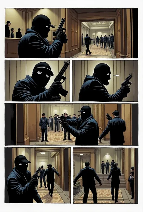 Create me a comic with 6 scenes of a bank robbery its nice Spanish to draw