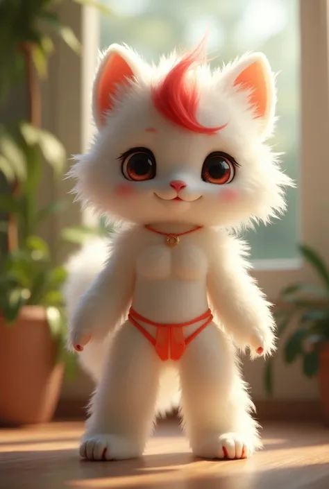 furry, white pele, ultra cute face,  Red elements in the hair, ,  beautiful highlights and shadows, ambient light, ultra detailed fur, volumetric light, Standing human , in a bikini 