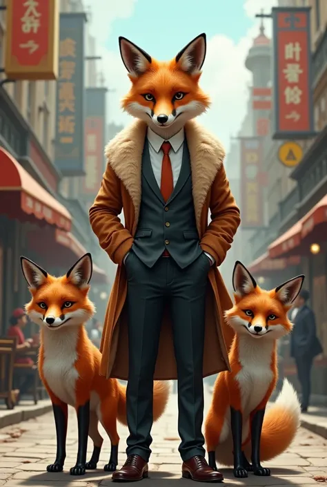 
fox with human body with very realistic fox fur, dressed in a suit with his humanoid fox partners at the side, on an adando street