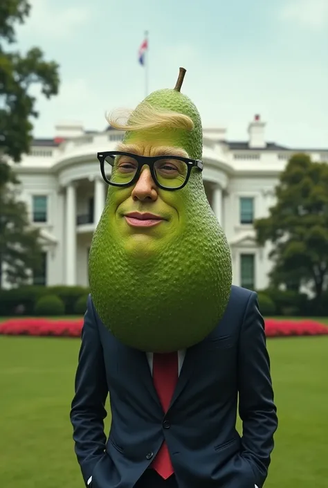 A Hass avocado with glasses and Donald Trump in the white house