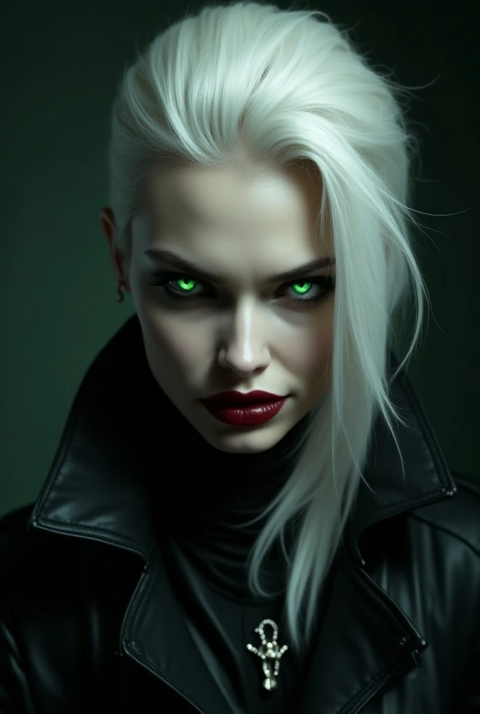  White-haired woman with emerald green eyes with fire , with a hateful face and a creepy smile ,  black jacket 