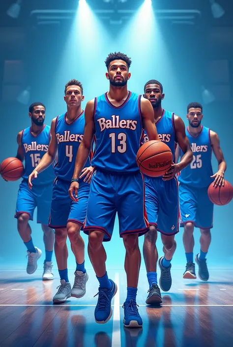 Make me a basketball cover with players in blue jerseys with the team name Ballers
