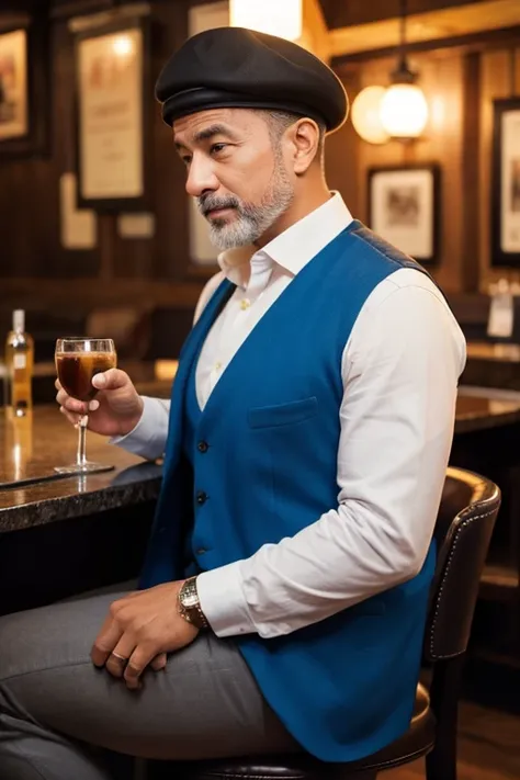 a middle-aged man with a weathered, tanned complexion, wearing a beret, a white shirt, a 3-piece suit, a vest, and a long overcoat, sitting at a jazz bar counter, savoring a glass of bourbon on the rocks while enjoying the soulful jazz music, exuding an ai...