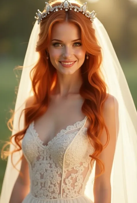 A red-haired woman with very long straight hair full body photo wearing wedding dress and veil