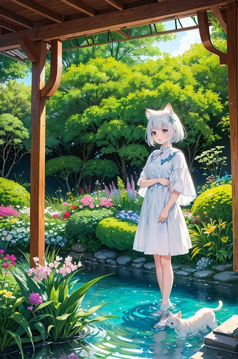 This scene is very fascinating。A girl and a white kitten in a beautiful garden。  The girl looks at the white kitten interestingly 。 ( Distant look, Gentle eyelids, Thin eyebrows, The edge of a gentle eye)( Too Cute Beauty ) The white kitten has fun trying ...