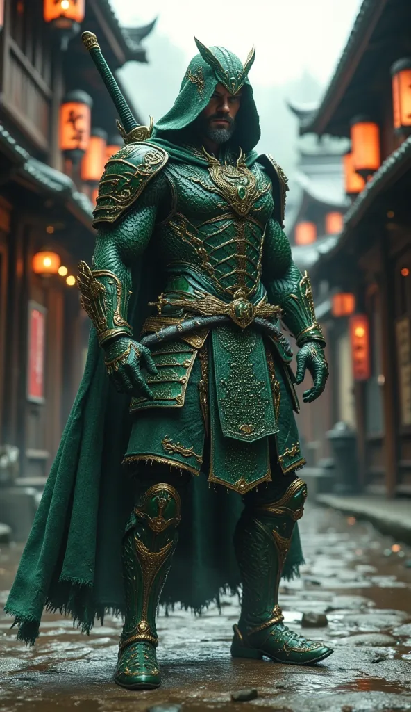 create an ultra-realistic, wide-shot image of aquaman reimagined as a fierce samurai warrior, standing in a traditional japanese...