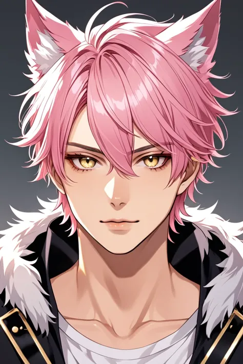 male with short pink hair, wolf ears, gold eyes