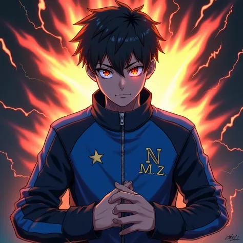 A young man is wearing a blue and black game jacket. "N M.Z" was written all over his shirt. He had his hands folded. He was looking with sharp eyes. His eye was red and shining. Myanmar flag, flame and lightning are used as background. The logo "D.M.L" is...