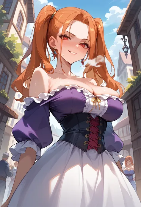 masterpiece, jessica albert, orange hair, red eyes, twintails,
bare shoulders, cleavage, dress, earrings, jewelry, off shoulder,...