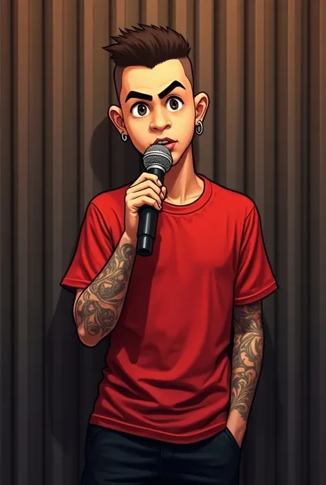  creates an image of a young man  , wearing a red t-shirt and black shorts ,  and holding a microphone as if he were rapping . Let the drawing be in 2d. drawn from the front from a higher perspective but not completely from above and that the young man is ...