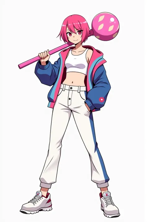 A simplified anime-style drawing of a female character with short pink hair, a colorful jacket, and holding a unique object resembling a Big Lollipop As if it were a hammer. The character wears a cropped white top and white pants with blue and pink accents...