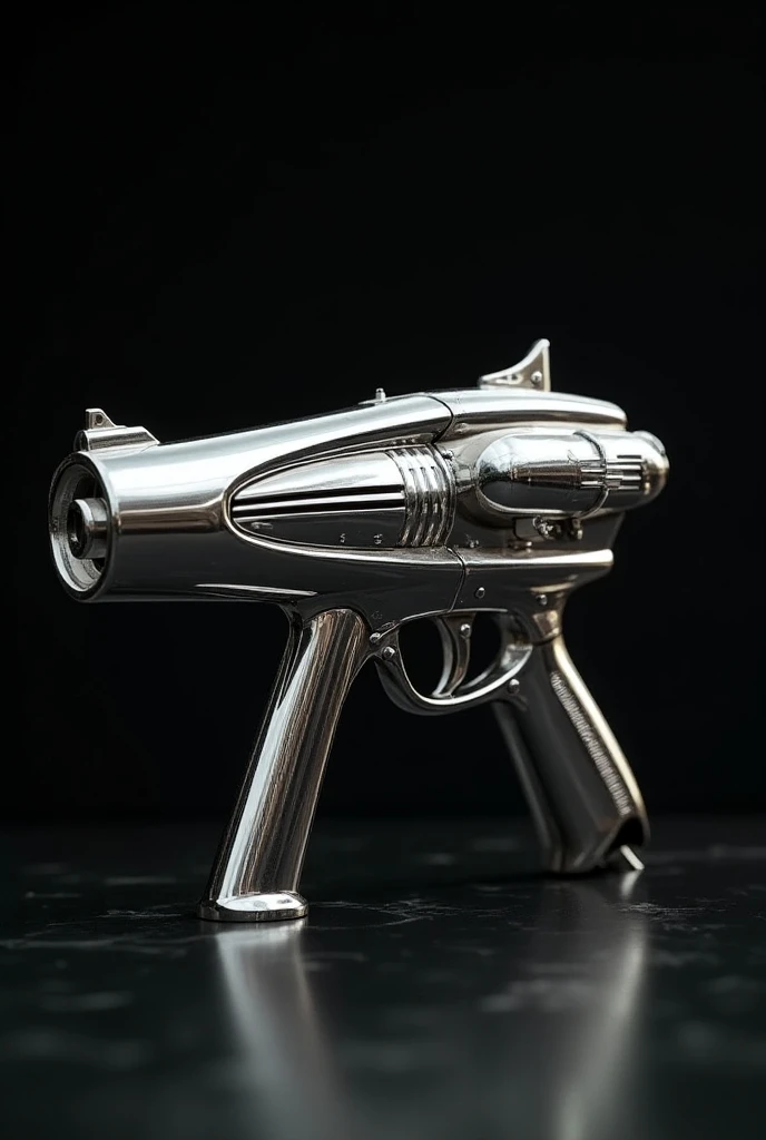 a vintage old school ray gun, chrome, highly shiny and reflective