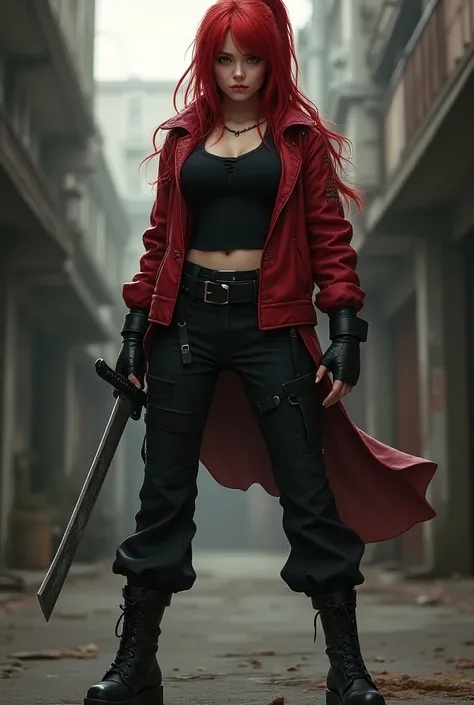  Create a teenage girl with crimson hair , medium toned legs , black shirt,red jacket,combat boots ,black flick, red eyes ,  big breasts and combat gloves and a katana