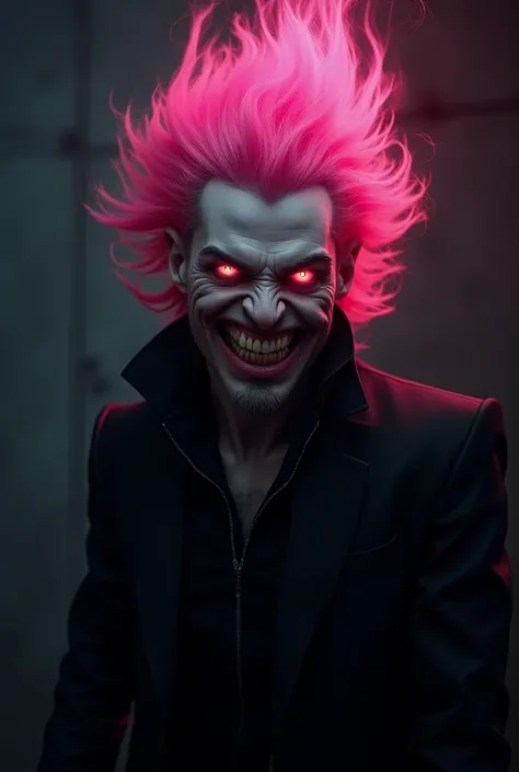 Pink-haired man with pink eyes with fire , with a hateful face and a creepy smile ,  black jacket 