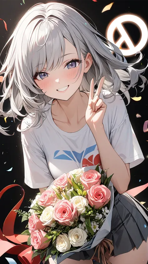  1 girl, solo, smile,  shortcuts,  high resolution on down, masterpiece,  Textured Skin, Silver Hair, Beauty,fine,bright, slender,Aperture F1.2,Head to waist, sexy,Fair skin, peace sign, no background,bouquet,Celebration,underwear, shirt ,skirt