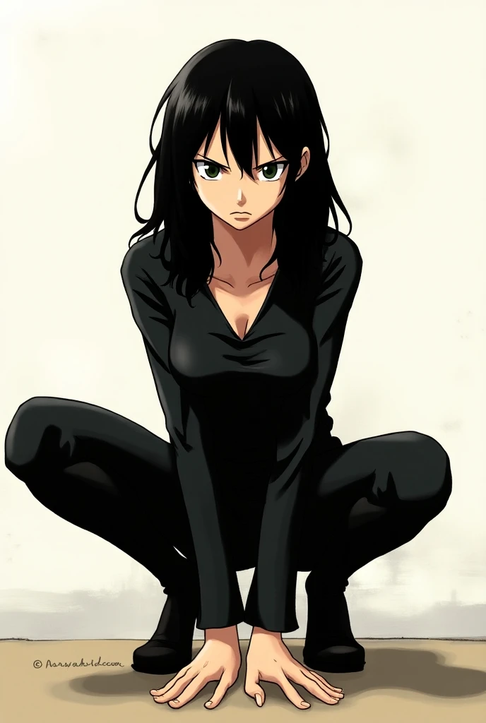 us de one piece,dressed in tight clothes crouching down looking at the camera with her mouth half open 