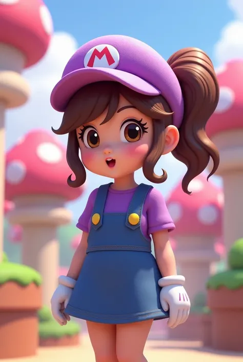  a girl, (,  a girl dressed like Mario has long, medium-wavy brown hair with a ponytail and big brown eyes:1.4,  Super cute slightly round face ,  she wears Marios red cap but in purple , a purple shirt ,  blue coveralls and blue skirt ,  and white gloves ...