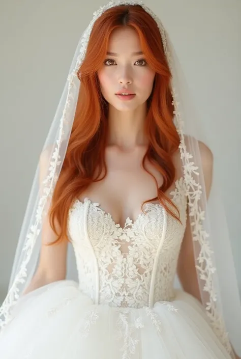 A red-haired woman wearing a wedding dress and veil and very long straight hair full body photo 