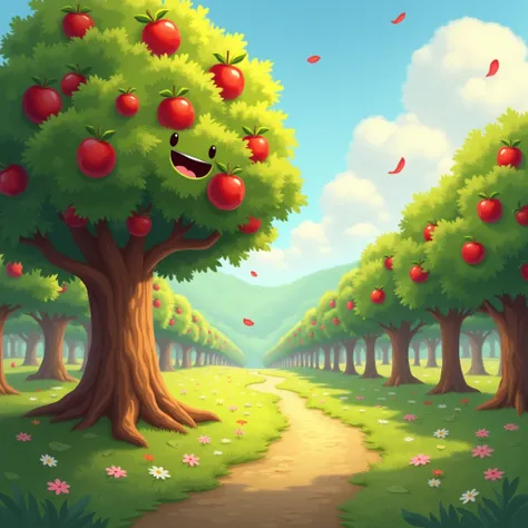 Try to describe an apple orchard And the tree is on the periphery on the left try the tree with a smile