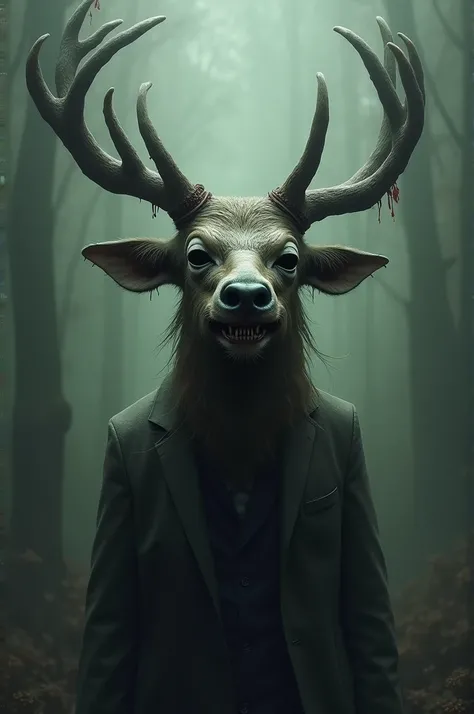  Use the following description to create an image :
in the dream,  the deer and the man united into a single being . ,  this strange figure twisted to the point that his face was turned upside down,  with a disturbing smile ,  his antlers were creepy , his...