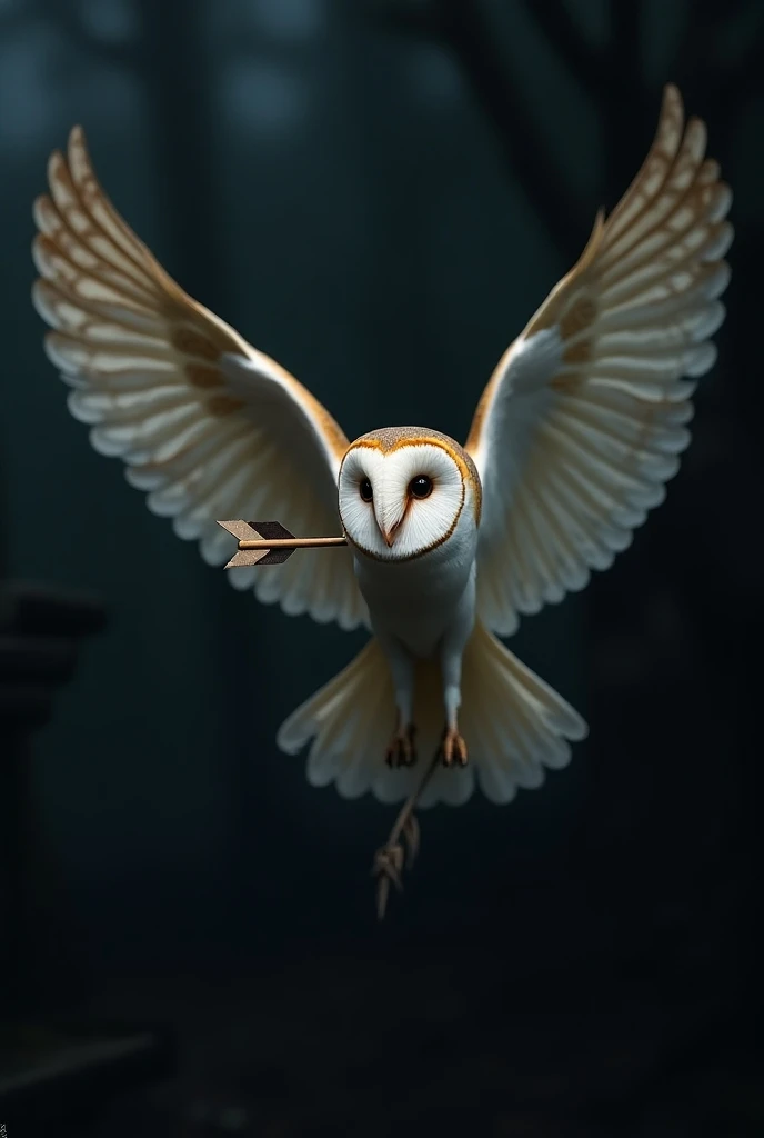 An owl of the species Tyto furcata being struck by an arrow in its back