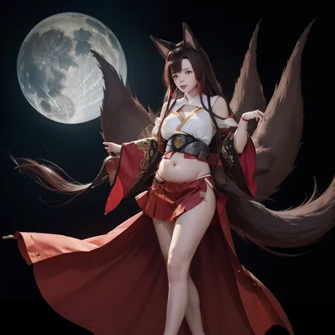 akagi (azur lane), foxgirl, 9 tail, long hair, brown hair, red eyes, makeup on eyes,brown half red kimono, belly exposed, pregna...