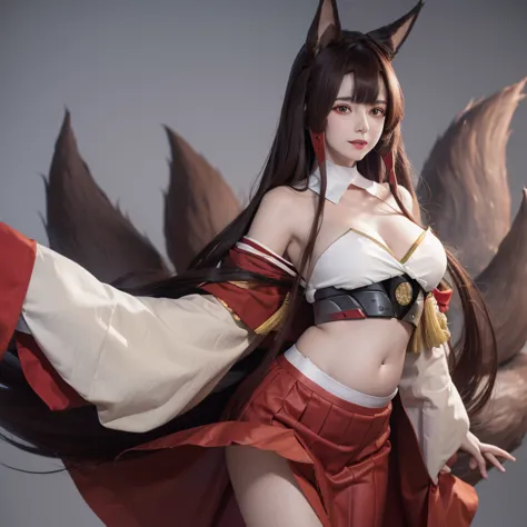 akagi (azur lane), foxgirl, 9 tail, long hair, brown hair, red eyes, makeup on eyes,brown half red kimono, belly exposed, pregna...