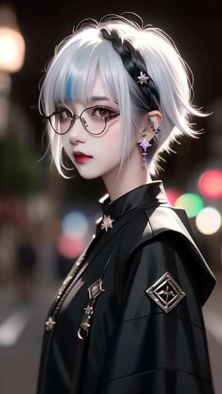 Black-haired、black、(((Black-haired))),Glasses、Lunette de soleil、Earrings、amount、 short bang 、I can see the eyebrows、Goth_punk,  1 girl, solo,  Medium Shot , Walking around Harajuku, ((at night)),  Bokeh Depth of Field ,  Neon Light, Starry Sky, white shiny...