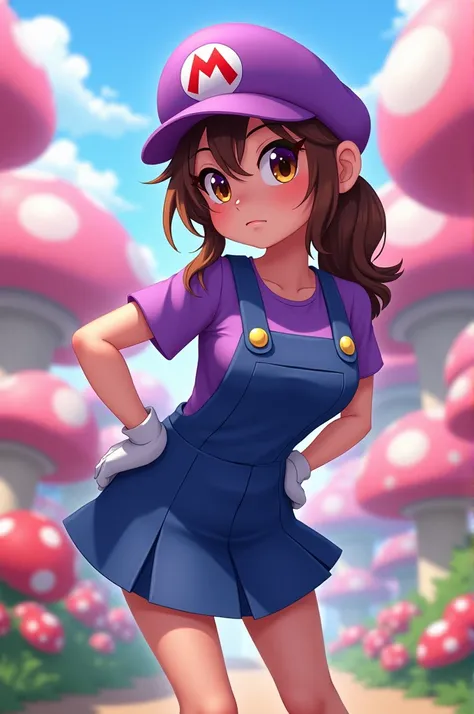 1 teenager, (,  a girl dressed like Mario has long, medium-wavy brown hair with a ponytail and big brown eyes:1.4,  Super cute slightly round face ,  she wears Marios red cap but in purple , a purple shirt ,  blue coveralls and blue skirt ,  and white glov...