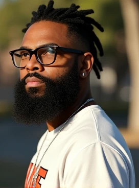 Kevin gates light-skinned  with full beard that frames his face. Dreadlocks with Taper Fade  wearing a nike T shirt mean taking a photo outside, he wears glasess,  he is nerdy he is 64 and Skinny 4k ultra, realistic photo,  high quality, Textured Skin,  fu...