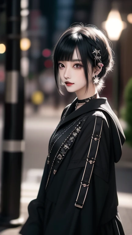 Black-haired、black、(((Black-haired))),Lunette de soleil、Earrings、amount、 short bang 、I can see the eyebrows、Goth_punk,  1 girl, solo,  Medium Shot , Walking around Harajuku, ((at night)),  Bokeh Depth of Field ,  Neon Light, Starry Sky, white shiny hair , ...